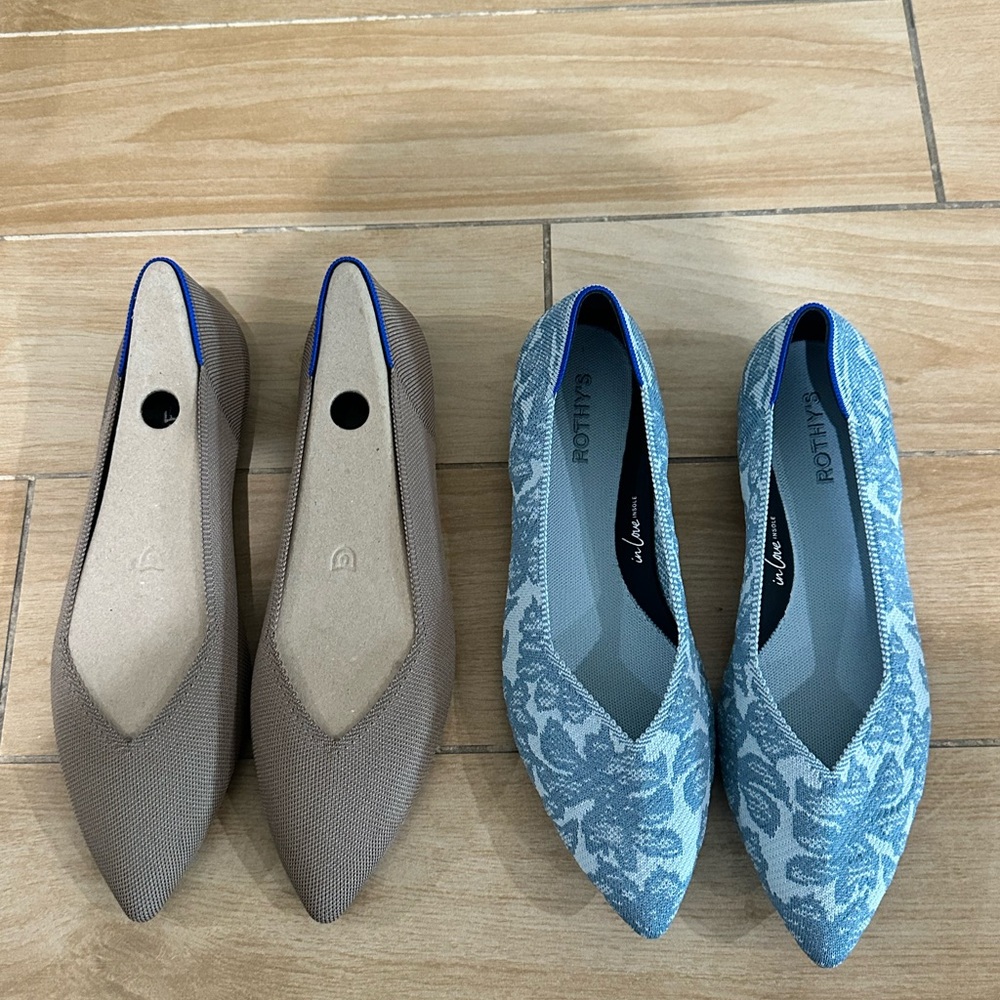 Rothy's Blue Floral and Tan Flats